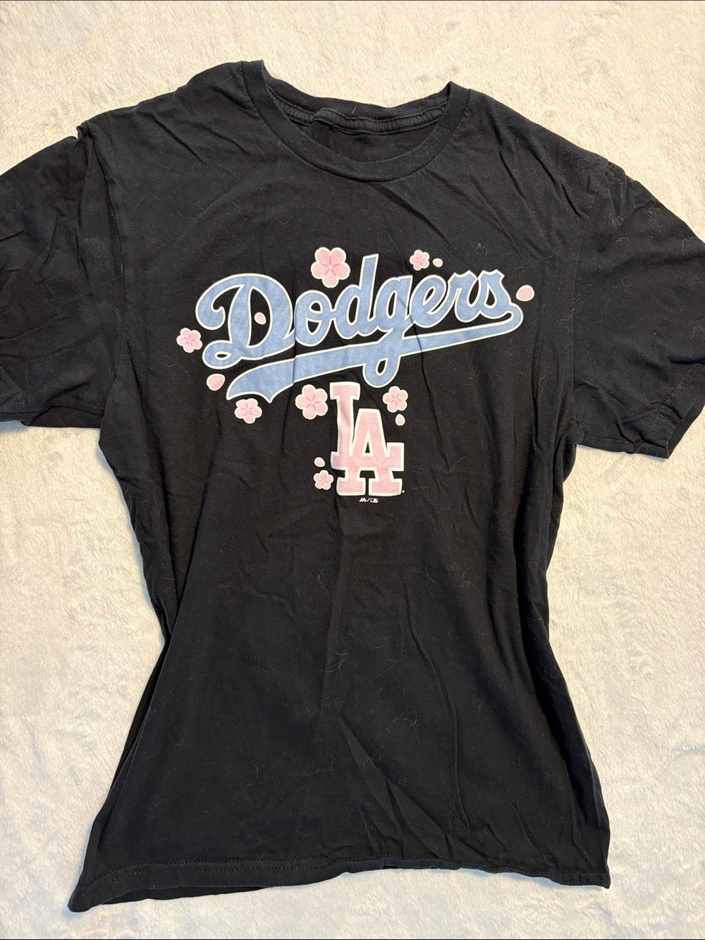 MLB LA Black Dodgers Tee with Blue Script & Pink Accents